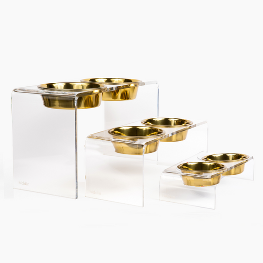 Tall Clear Double Pet Bowl Feeder with Gold Bowls