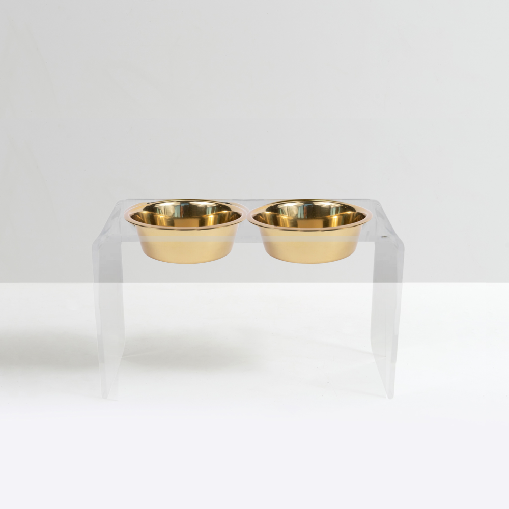 Tall Clear Double Pet Bowl Feeder with Gold Bowls