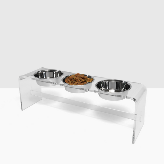 Tall Clear Triple Dog Bowl Feeder with Silver Bowls