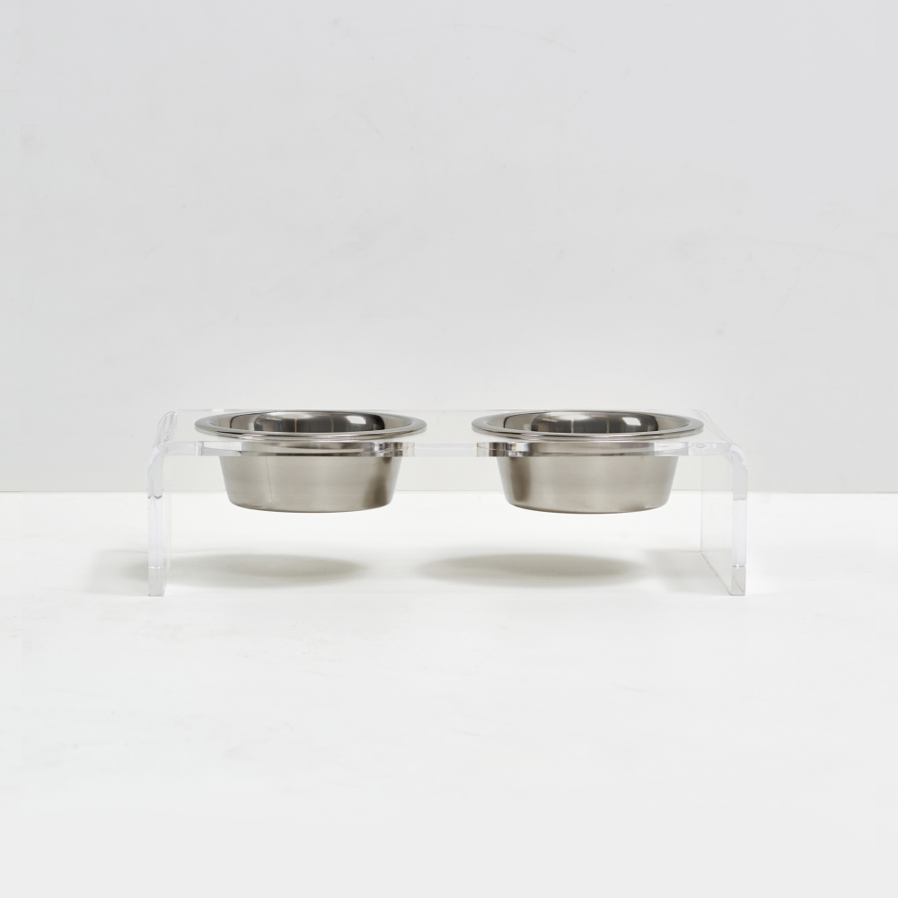 Small Clear Double Pet Bowl Feeder with Silver Bowls | Options