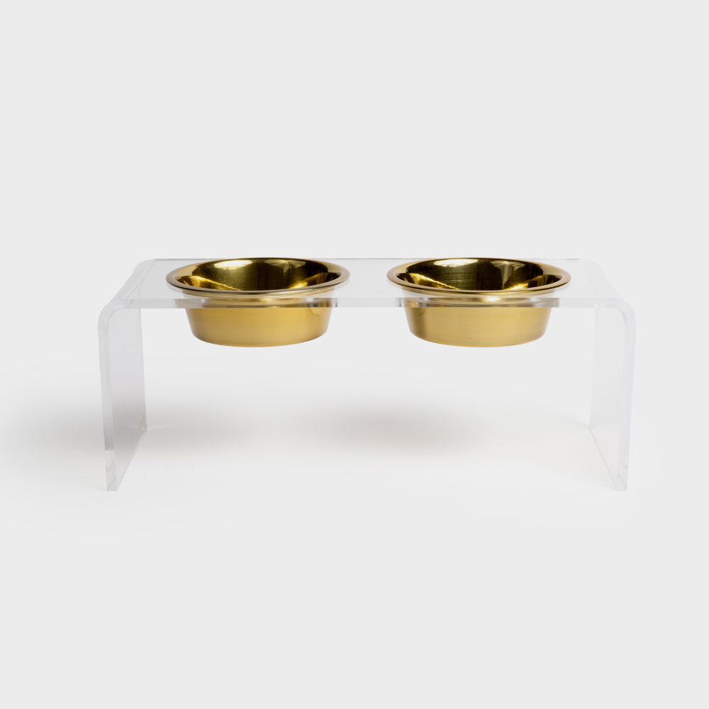 Medium Clear Double Pet Bowl Feeder with Gold Bowls | Options