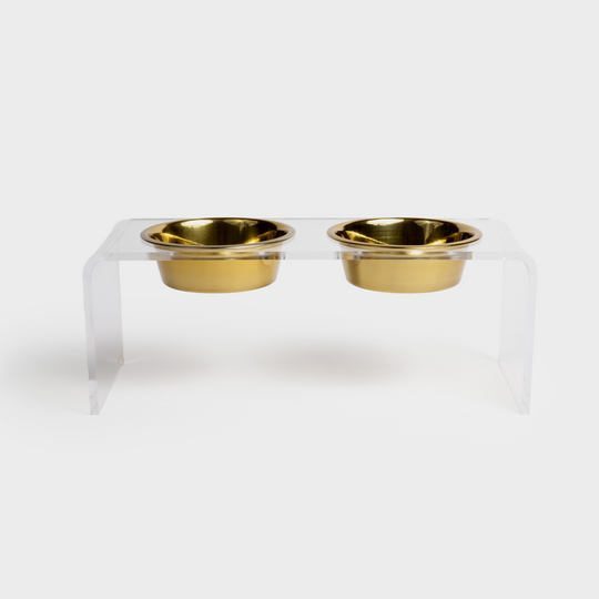 Medium Clear Double Pet Bowl Feeder with Gold Bowls | Options