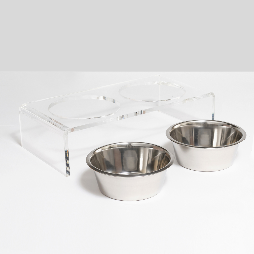 Small Clear Double Pet Bowl Feeder with Silver Bowls | Options