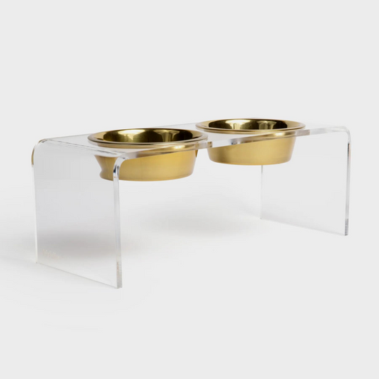 Medium Clear Double Pet Bowl Feeder with Gold Bowls | Options