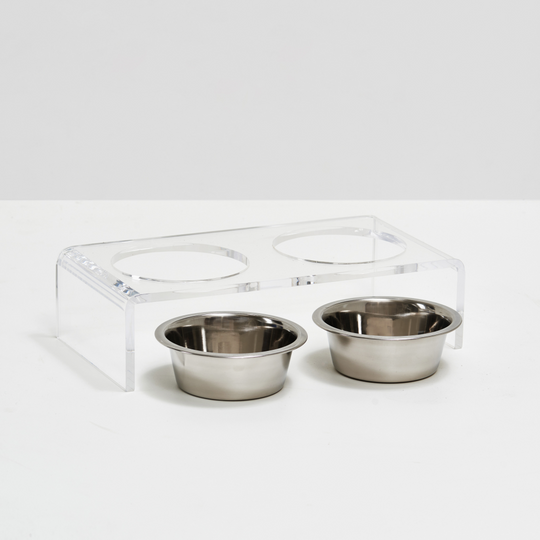 Small Clear Double Pet Bowl Feeder with Silver Bowls | Options