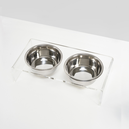 Small Clear Double Pet Bowl Feeder with Silver Bowls | Options