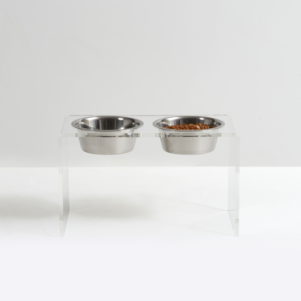 Tall Clear Double Pet Bowl Feeder with Silver Bowls