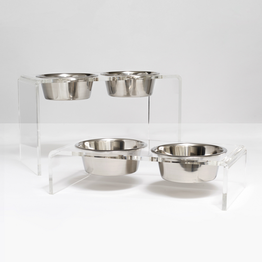 Tall Clear Double Pet Bowl Feeder with Silver Bowls