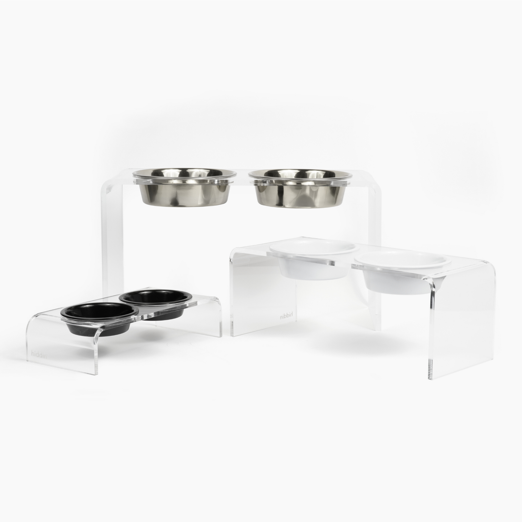 Small Clear Acrylic Double Pet Bowl Feeder with Silver Bowls - polymdrn