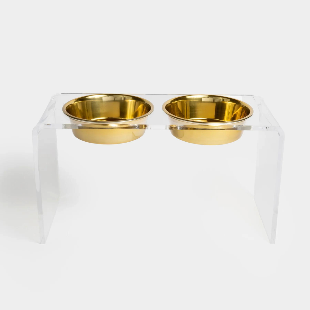 Tall Clear Double Pet Bowl Feeder with Gold Bowls