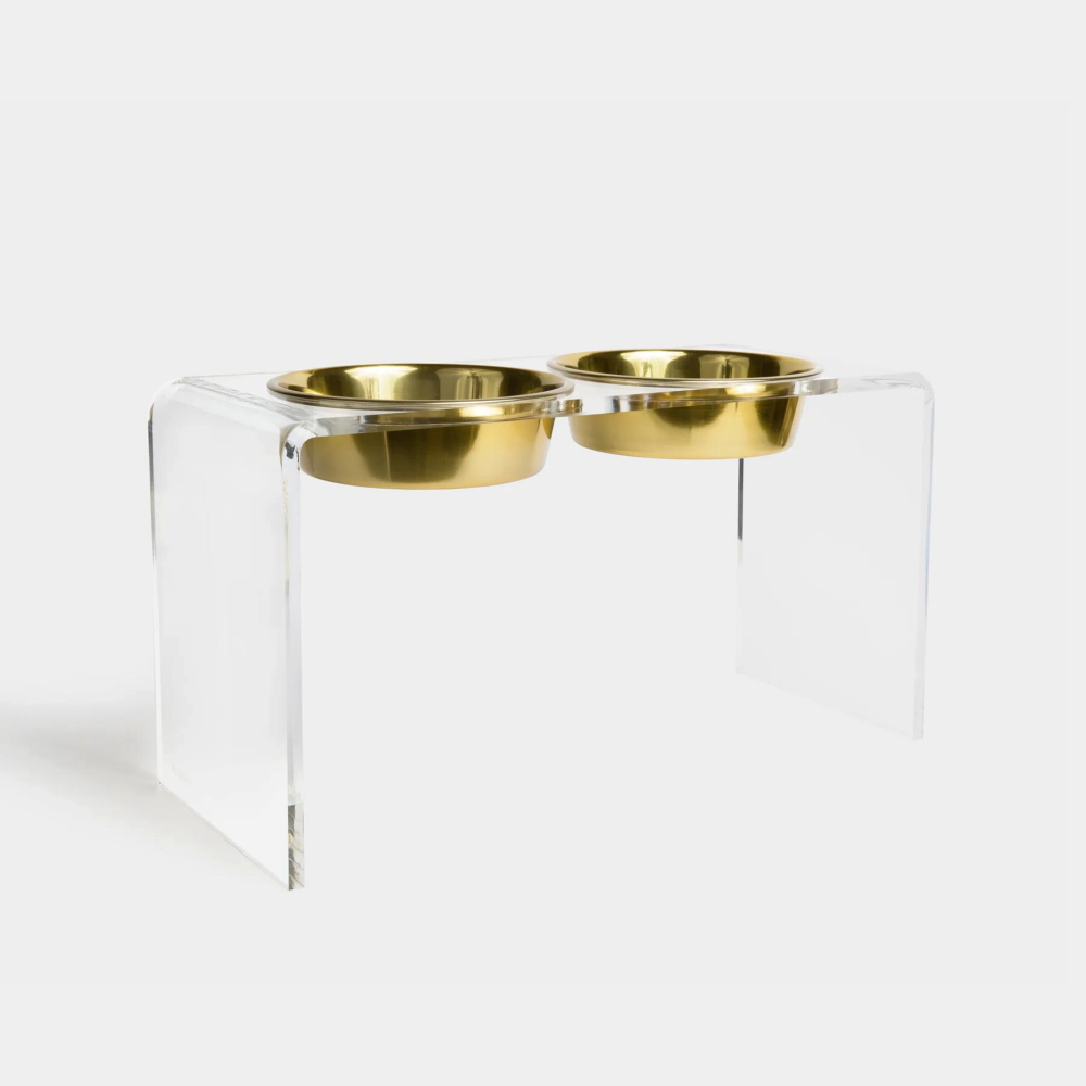 Tall Clear Double Pet Bowl Feeder with Gold Bowls