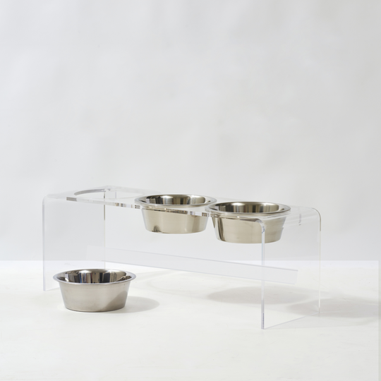 Tall Clear Triple Dog Bowl Feeder with Silver Bowls