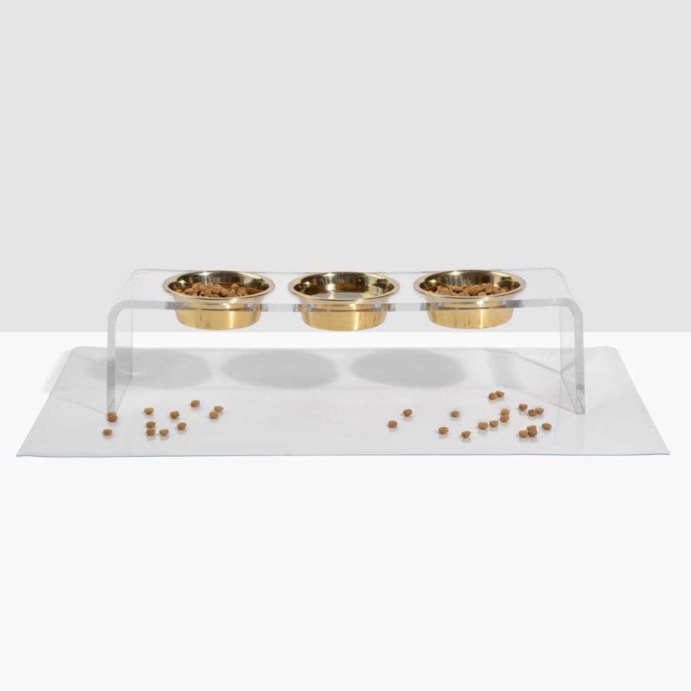 Medium Triple Dog Bowl Feeder with Gold Bowls