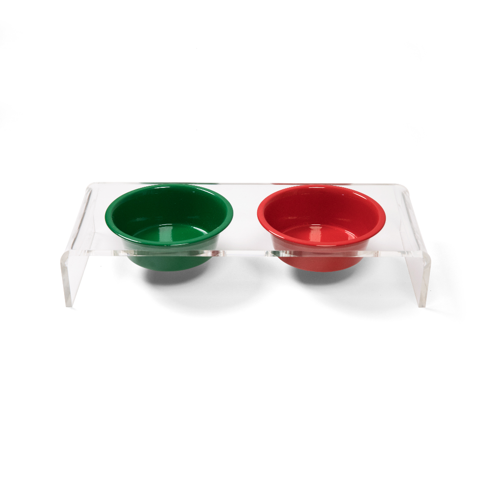 Two bowls on a clear stand on a white background