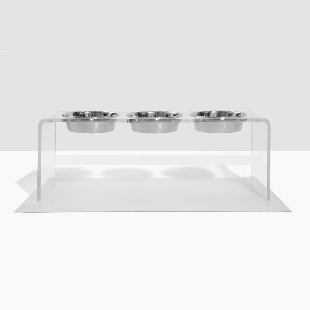 Tall Clear Triple Dog Bowl Feeder with Silver Bowls