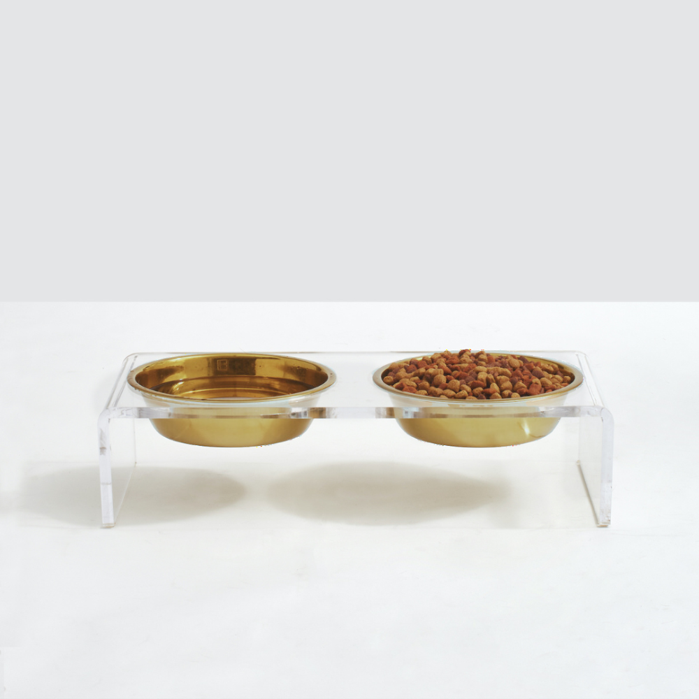 Small Clear Double Pet Bowl Feeder with Gold Bowls | Options