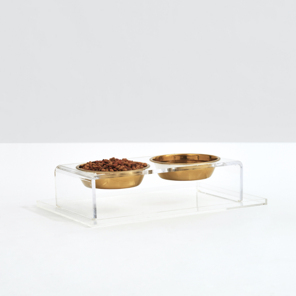 Small Clear Double Pet Bowl Feeder with Gold Bowls | Options