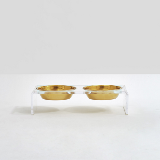 Small Clear Double Pet Bowl Feeder with Gold Bowls | Options