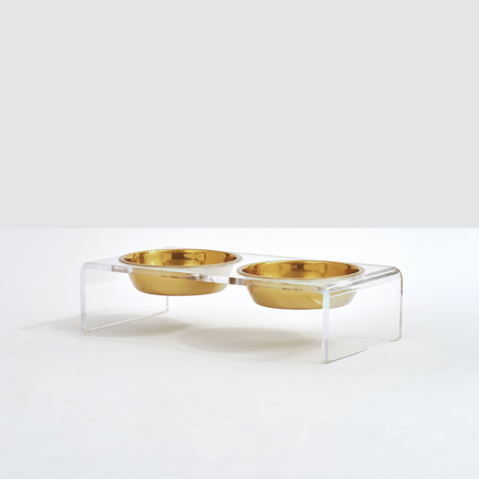 Small Clear Double Pet Bowl Feeder with Gold Bowls | Options