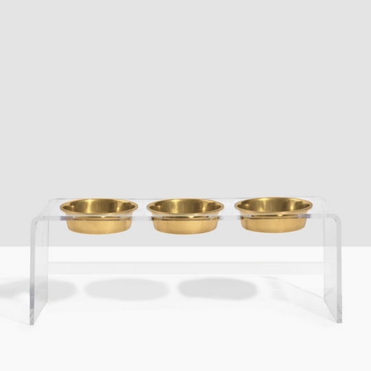 Tall Clear Triple Dog Bowl Feeder with Gold Bowls