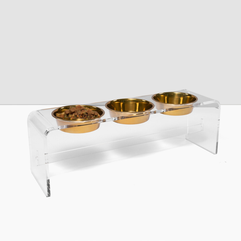 Tall Clear Triple Dog Bowl Feeder with Gold Bowls