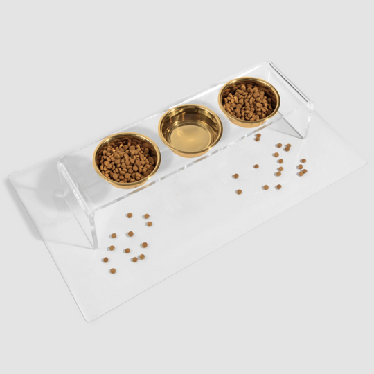 Tall Clear Triple Dog Bowl Feeder with Gold Bowls