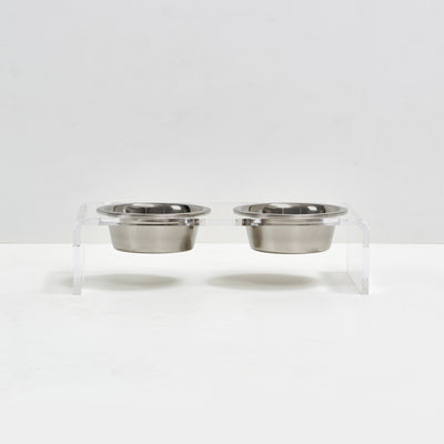 Small Clear Double Cat Bowl Feeder with Silver Bowls